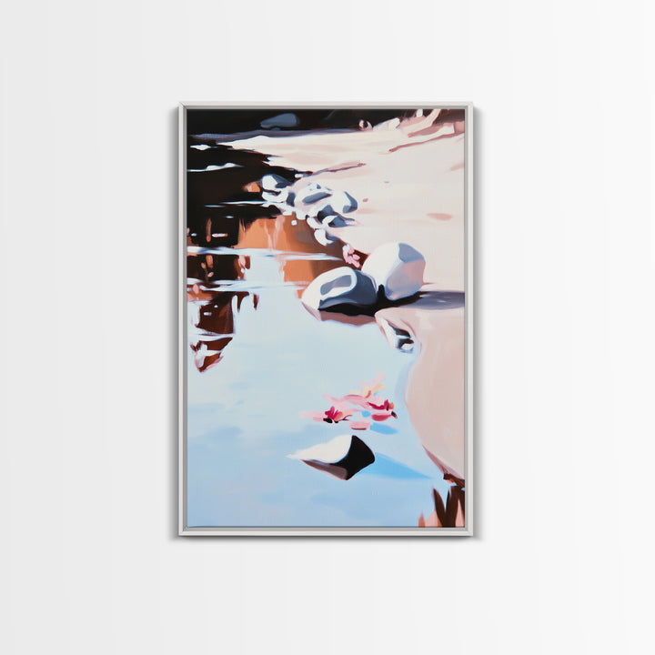 River Rock Art, Abstract Water Reflection, Serene Nature Print, Framed Canvas Print, Boho Landscape, Minimalist Decor, Living Room Art