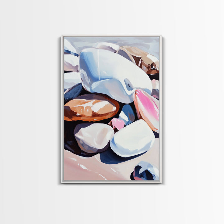 Pebble Beach, Coastal Rock Art, Natural Elements, Earthy Aesthetic, Minimalist Canvas Print, Zen Decor, Tranquil Living Room Art