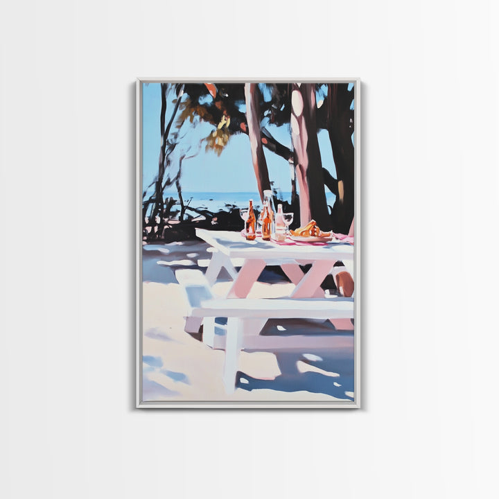 Picnic Wine, Beach Art, Coastal, Relaxing, Dining, Summer, Ocean, Boho, Aesthetic, Outdoor Living, Pastel, Canvas Print