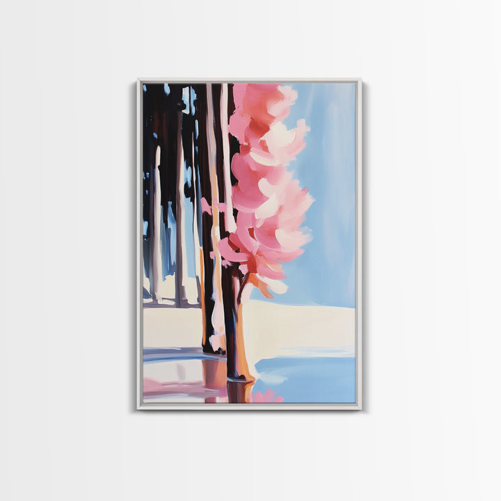 Pink Blossoms, Nature, Floral, Botanical, Spring, Bloom, Elegant, Soft Tones, Romantic, Minimalist, Aesthetic, Framed Canvas Print