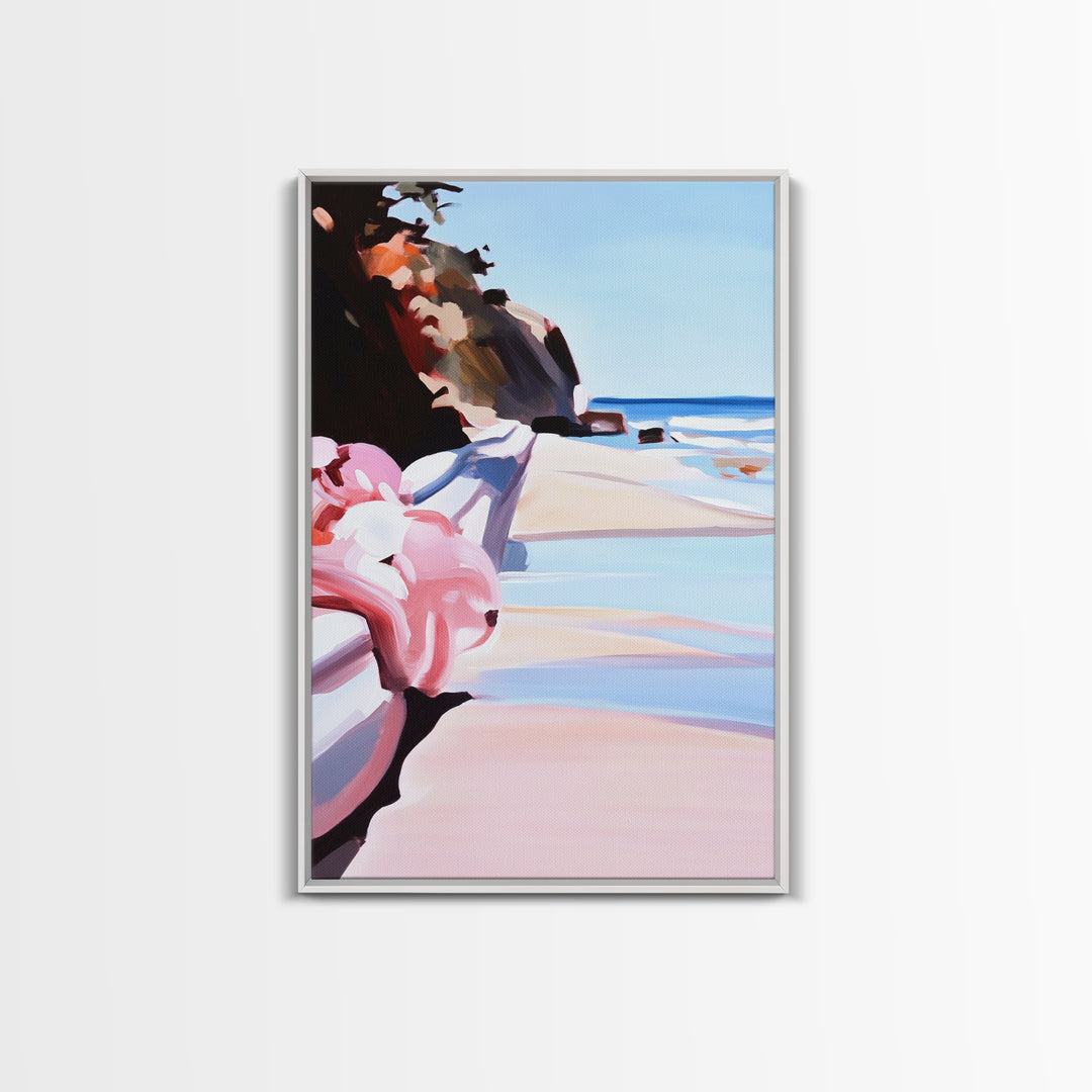 Ocean View, Coastal, Beach House, Serene, Dreamy, Pink Accents, Soft Hues, Summer, Relaxing, Minimalist, Boho, Canvas Print