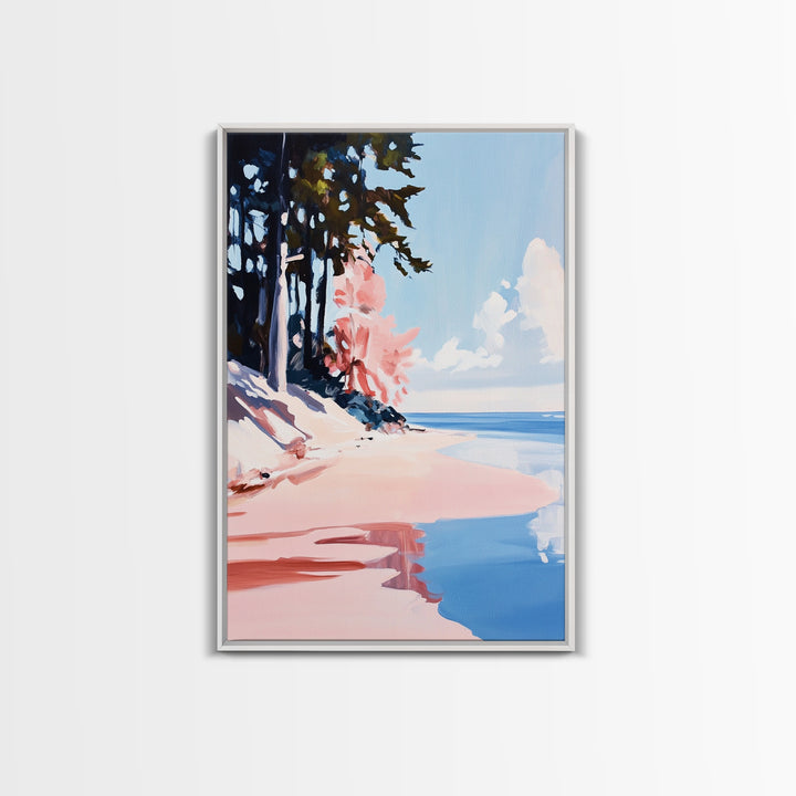 Pine Trees, Coastal Forest, Nature Escape, Lake View, Rustic Art, Peaceful Landscape, Blue and Green, Framed Canvas Print, Cabin Decor