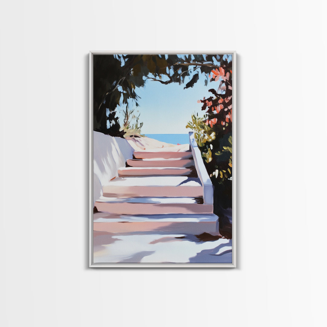 Beach Stairs, Seaside Getaway, Summer Vibes, Tropical Aesthetic, Warm Sunlight, Coastal Home Decor, Framed Canvas Print, Entryway