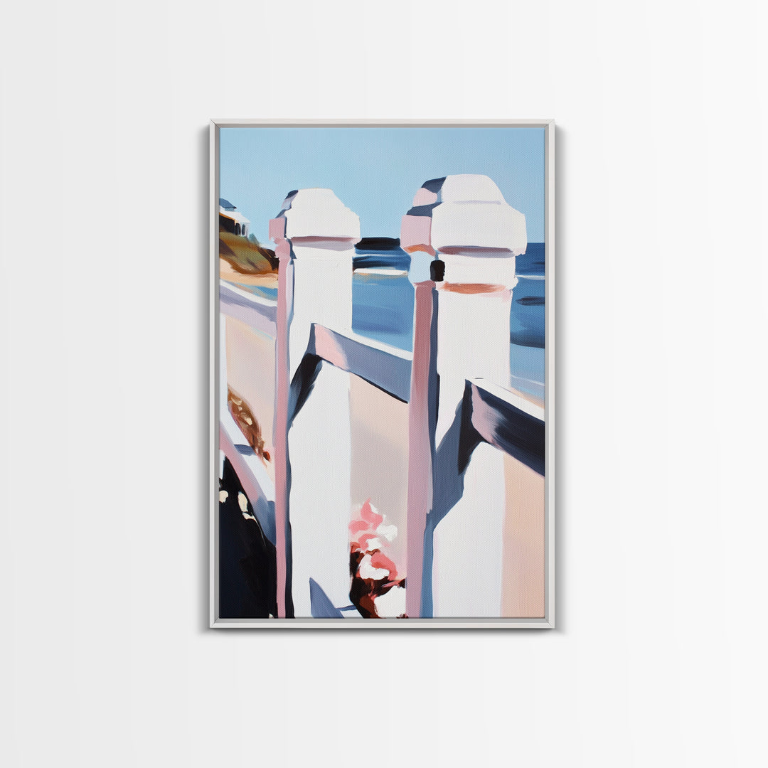 Coastal Railing, Seaside Escape, Nautical Aesthetic, Framed Canvas Print, Beach House Wall Art, Ocean View Decor, Minimalist Blue Art