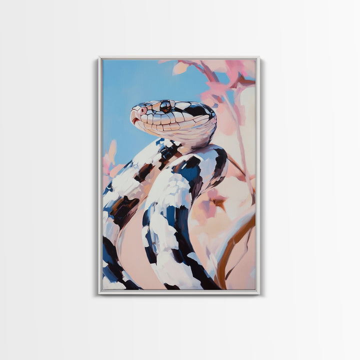 Black and White Snake, Nature Portrait, Wildlife Art, Framed Canvas Print, Jungle Theme Decor, Modern Animal Wall Art, Office Accent