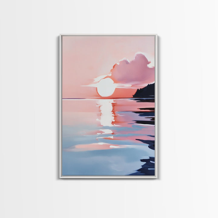 Ocean Sunset, Abstract Seascape Art, Framed Canvas Print, Beach House Wall Art, Modern Coastal Decor, Pink Sky Painting, Bedroom Artwork