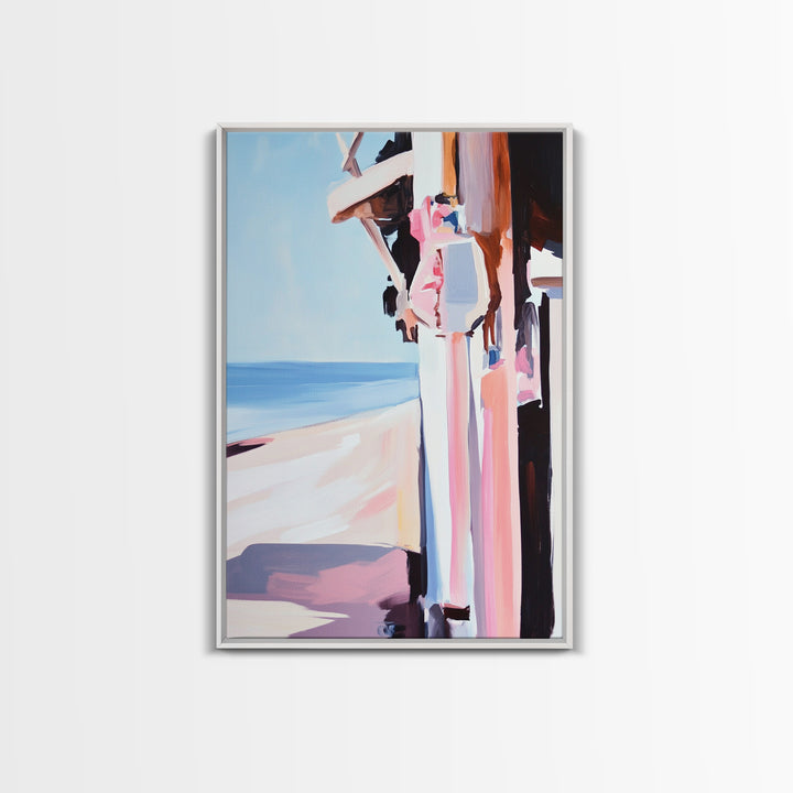 Beachside Figure, Coastal Minimalist Art, Abstract Summer Aesthetic, Tranquil Seaside Decor, Canvas Print, Framed Canvas Print