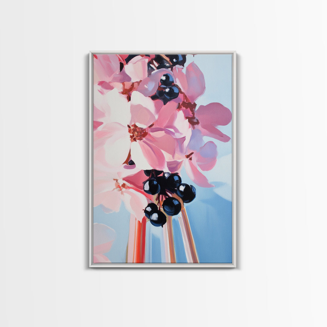 Blooming Flowers, Pink and Blue, Botanical Painting, Soft Aesthetic, Feminine Decor, Floral Home Art, Romantic Wall Art, Canvas Print