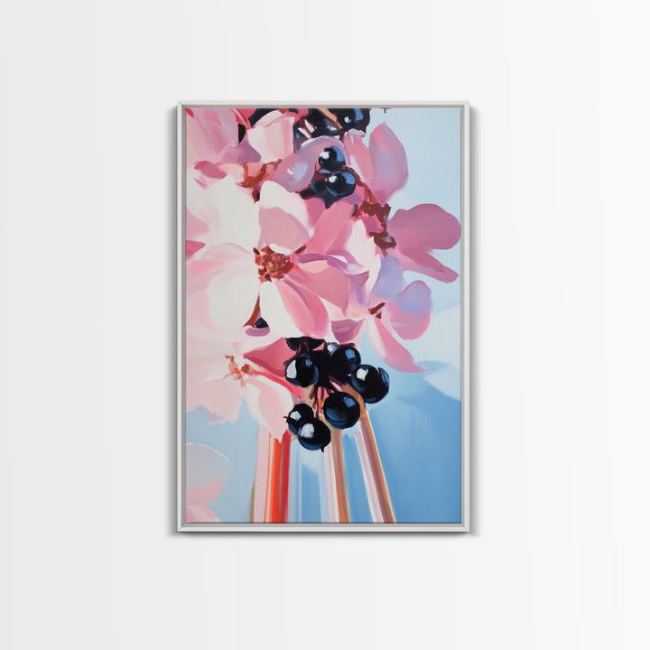 Blooming Flowers, Pink and Blue, Botanical Painting, Soft Aesthetic, Feminine Decor, Floral Home Art, Romantic Wall Art, Canvas Print