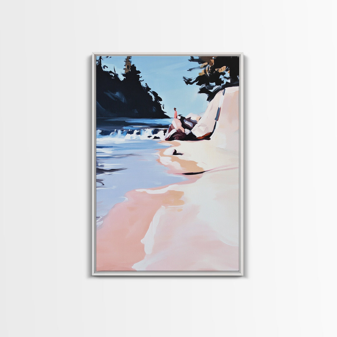Coastal Escape, Beach Serenity, Soft Ocean Art, Tranquil Nature Scene, Summer Home Decor, Relaxing Wall Art, Framed Canvas Print