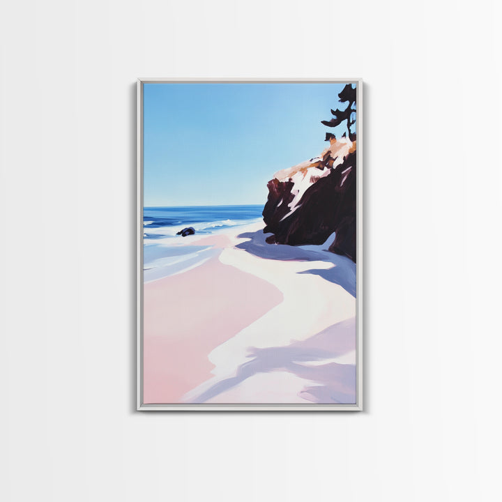 Beach View, Ocean Shore Art, Coastal Landscape Painting, Framed Canvas Print, Living Room Wall Art, Minimalist Seaside Decor