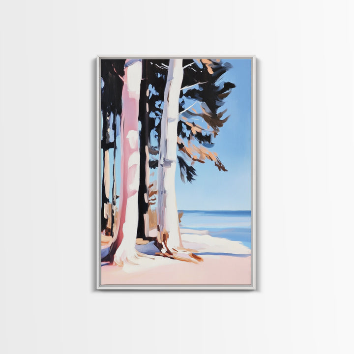 Birch Trees, Lakeside Forest Art, Nature Landscape Print, Framed Canvas Print, Rustic Cabin Decor, Modern Minimalist Wall Art