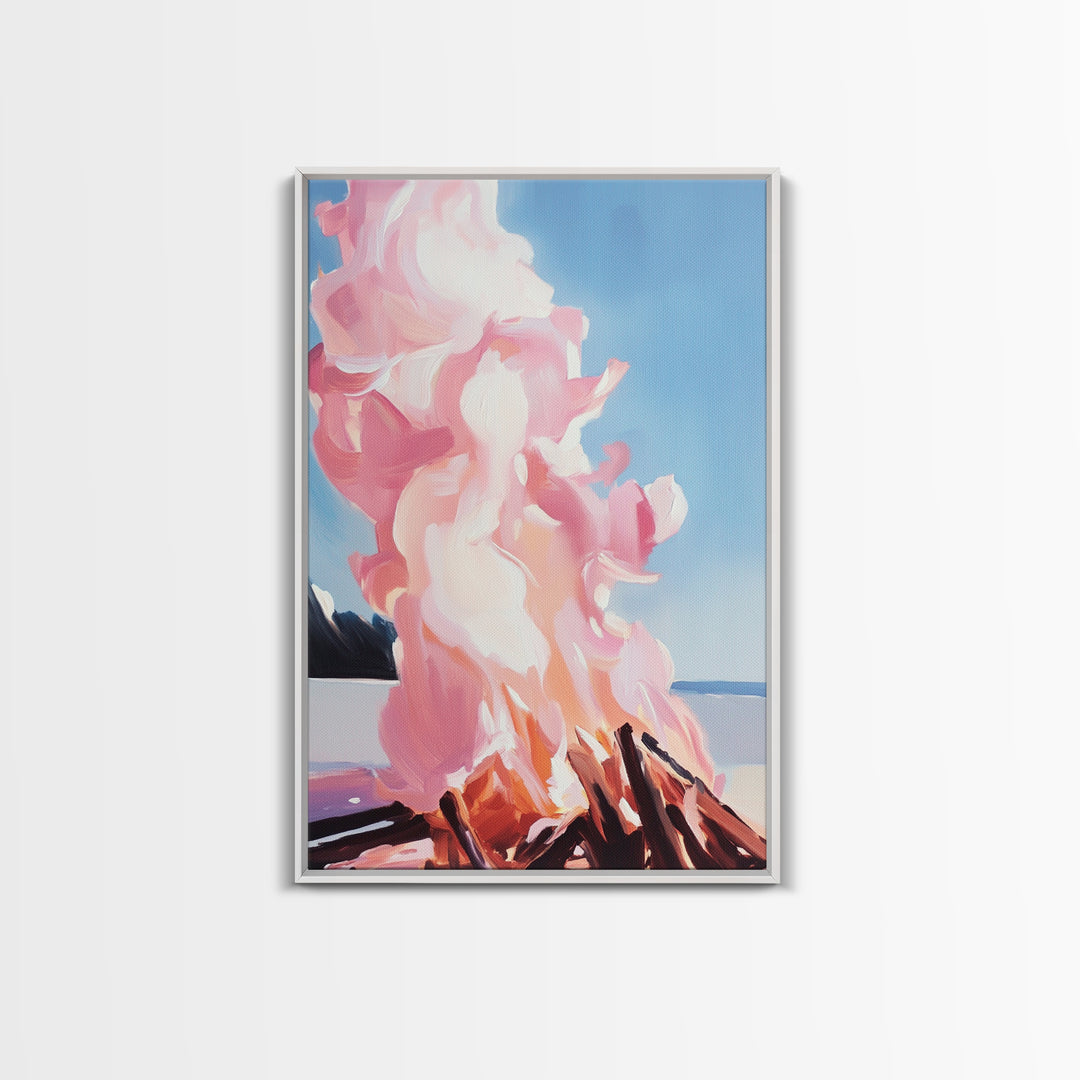 Billowing Smoke, Blazing Flames, Sunset Glow, Framed Canvas Print, Abstract Nature Art, Rustic Living Room Decor, Cozy Cabin Wall Art