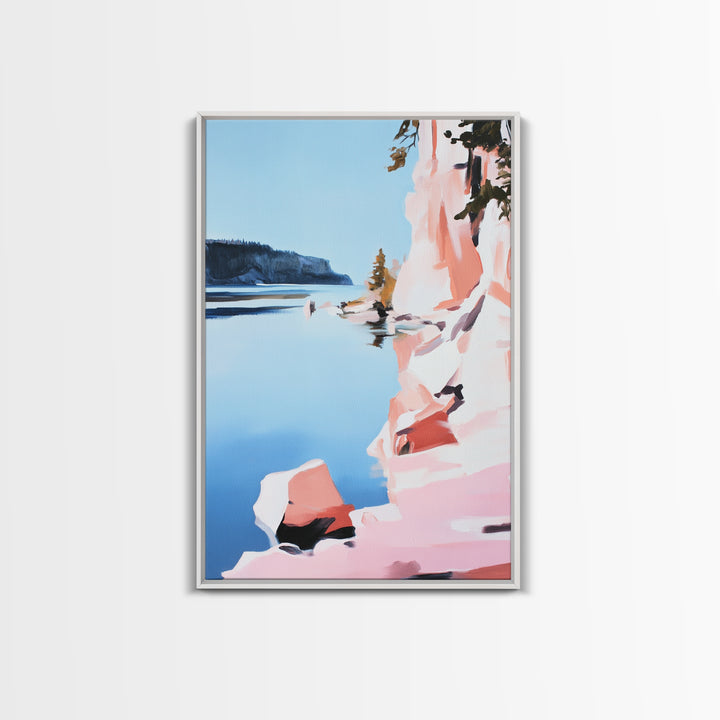 Cliffs, Water, Trees, Reflection, Framed Canvas Print, Nature Wall Art, Mountain Aesthetic, Lakehouse Decor, Minimalist Landscape