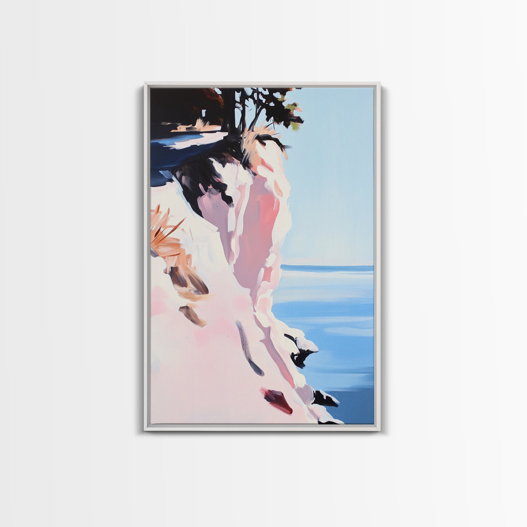 Cliffs and Water, Nature Wall Art, Minimalist Landscape, Coastal Home Decor, Blue and Pink Art, Framed Canvas Print, Office Wall Decor