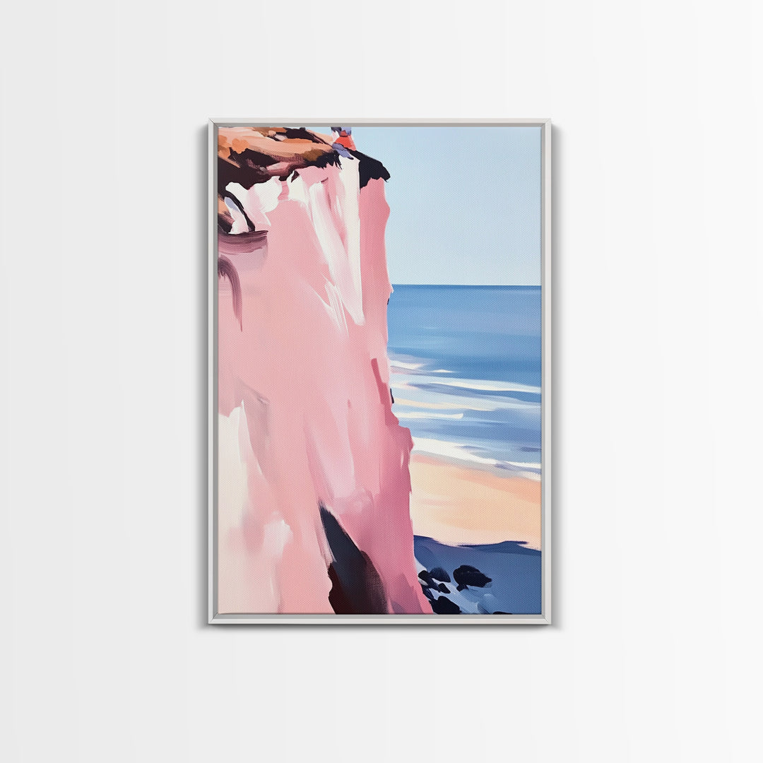 Cliffside Ocean Art, Coastal Landscape Painting, Serene Seaside Decor, Beach House Print, Framed Canvas Print, Living Room Wall Art
