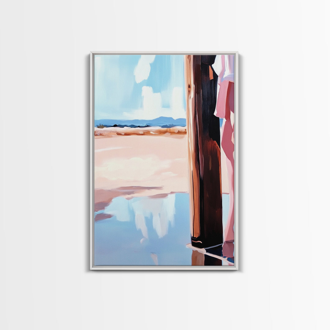 Coastal Fashion Art, Feminine Beach Scene, Pastel Summer Painting, Minimalist Boho Decor, Framed Canvas Print, Bedroom Wall Art