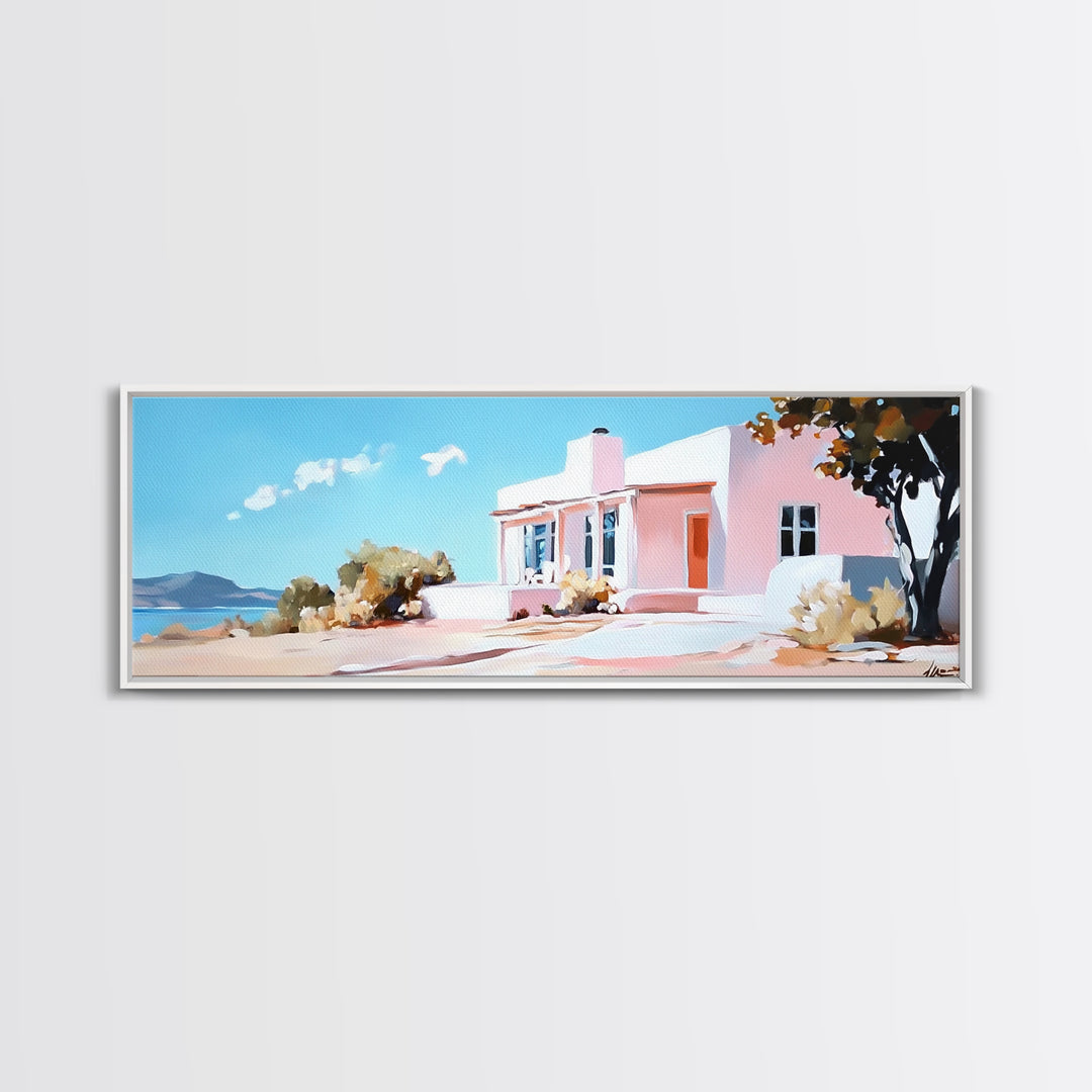 Coastal House, Summer Art, Beach Landscape, Framed Canvas Print, Mediterranean Wall Art, Minimalist Painting, Living Room Decoran Waves