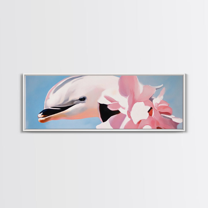 Dolphin, Pink Flowers, Canvas Print, Ocean Art, Whimsical Artwork, Coastal Wall Art, Sea Life Decor, Modern Aesthetic, Nature Lover Gift
