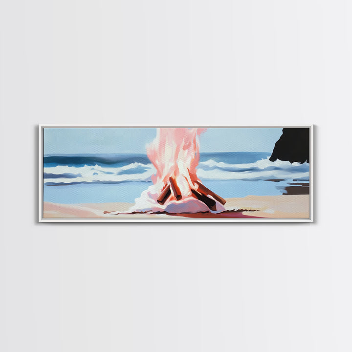 Beach Bonfire, Ocean Fire, Coastal Campfire, Framed Canvas Print, Seaside Night Art, Relaxing Summer Scene, Nautical Wall Decor