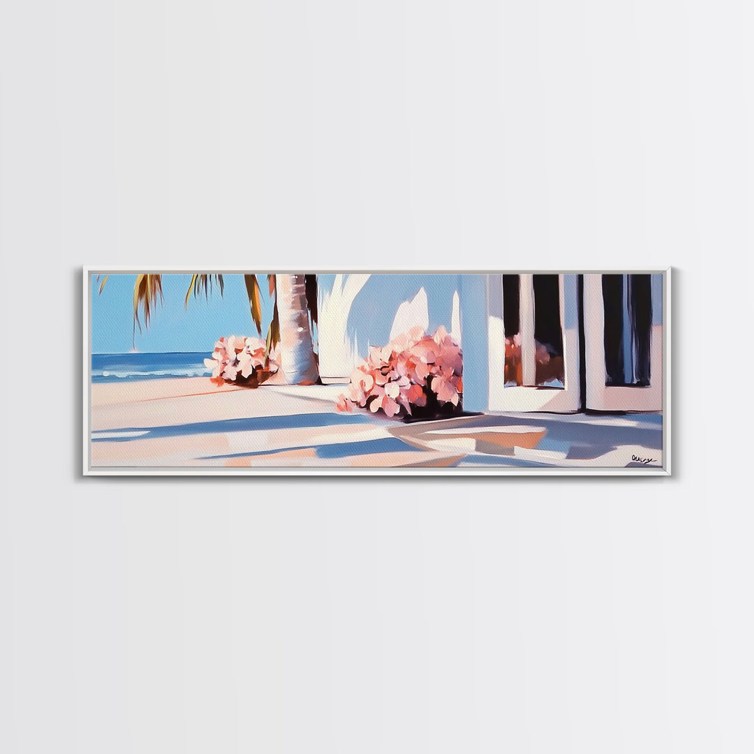 Beachfront Patio, Coastal Home, Ocean View Art, Framed Canvas Print, Seaside Decor, Summer House Aesthetic, Serene Wall Artwork