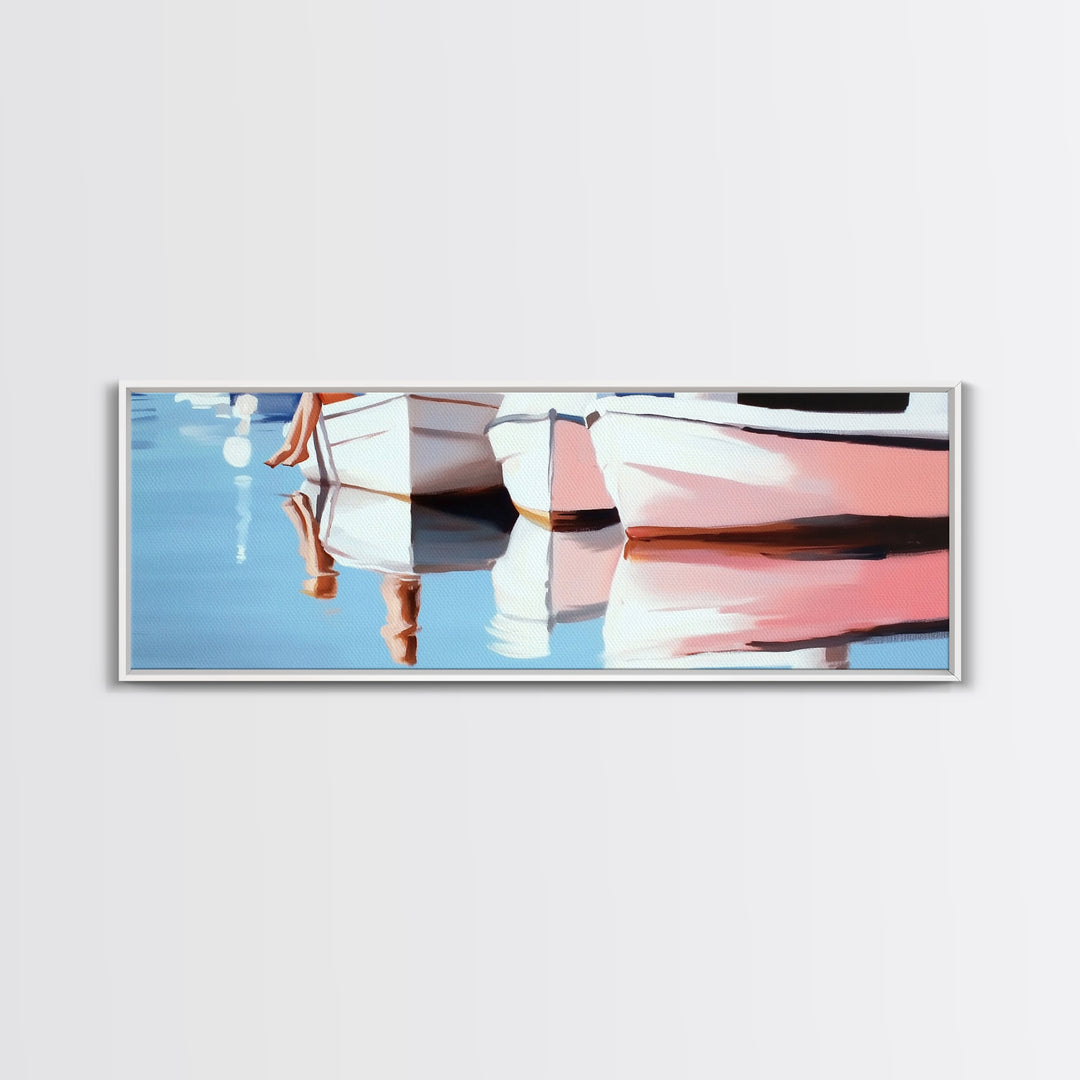 Boats, Reflection, Soft Pastel Aesthetic, Canvas Print, Nautical Wall Art, Minimalist Home Decor, Living Room Accent, Calm Coastal Scene