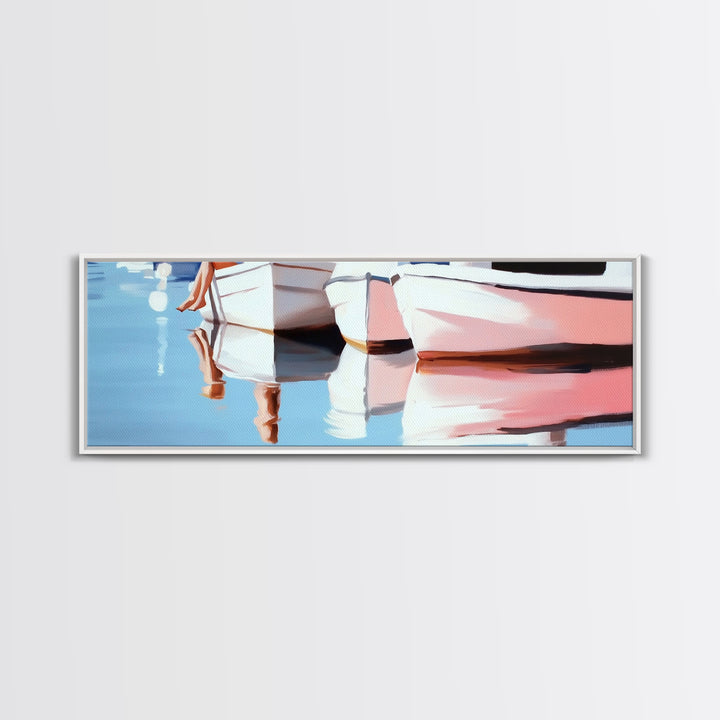 Boats, Reflection, Soft Pastel Aesthetic, Canvas Print, Nautical Wall Art, Minimalist Home Decor, Living Room Accent, Calm Coastal Scene