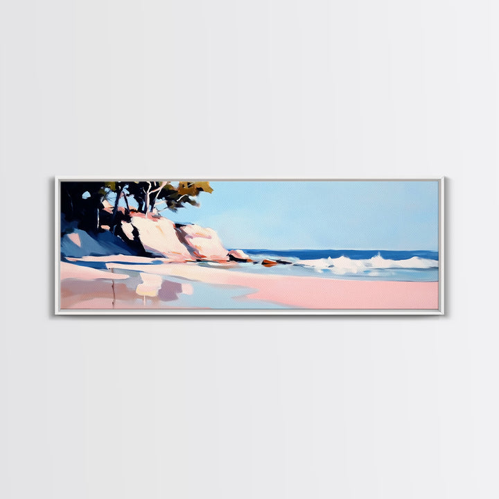 Cliffs, Waves, Pink Sand, Framed Canvas Print, Seascape Wall Art, Coastal Home Decor, Ocean Scene, Pastel Aesthetic, Relaxing Landscape