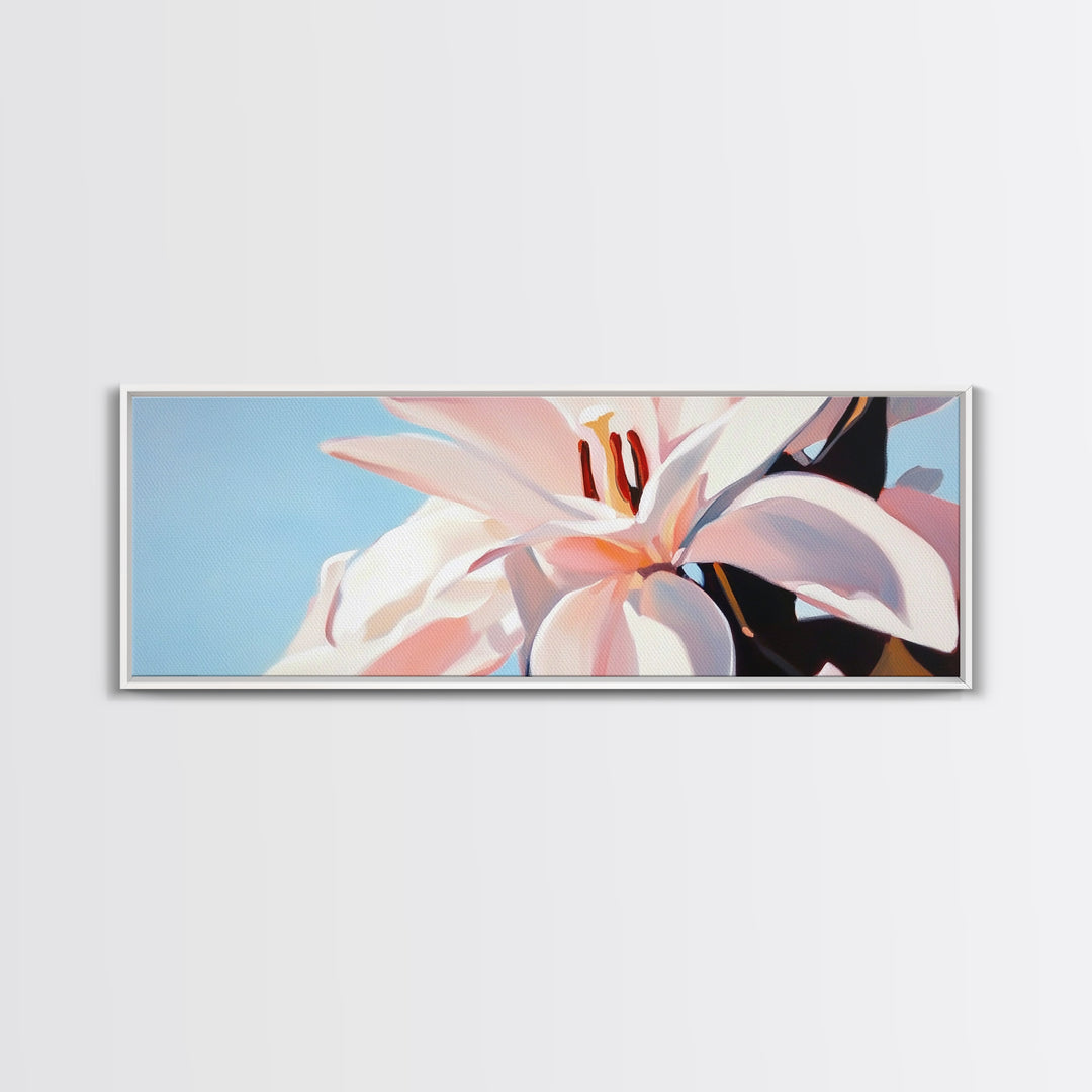 Blooming Lily, Floral, Nature, Framed Canvas Print, Botanical Wall Art, Pastel Home Decor, Feminine Aesthetic, Living Room Wall Art