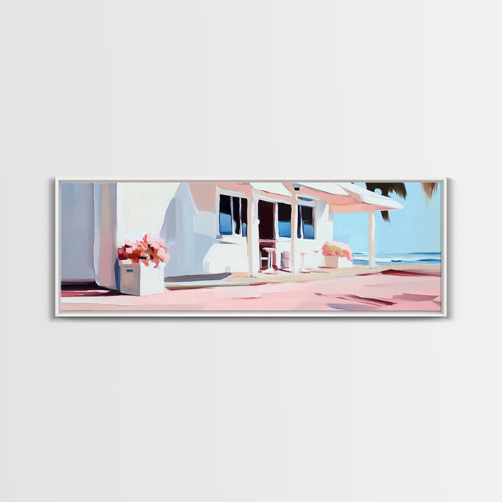 Coastal Café, Beachfront House, Ocean Breeze, Minimalist Canvas Print, Living Room Wall Art, Nautical Home Decor, Modern Coastal Art