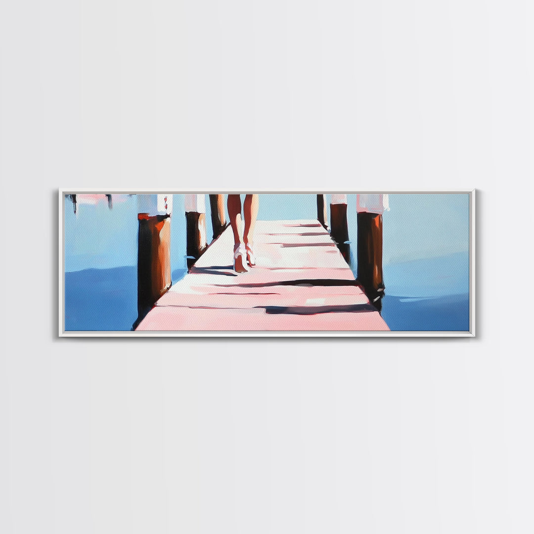 Walking on Dock, Waterfront Scene, Coastal Style, Framed Canvas Print, Minimalist Wall Art, Nautical Decor, Light and Airy Art