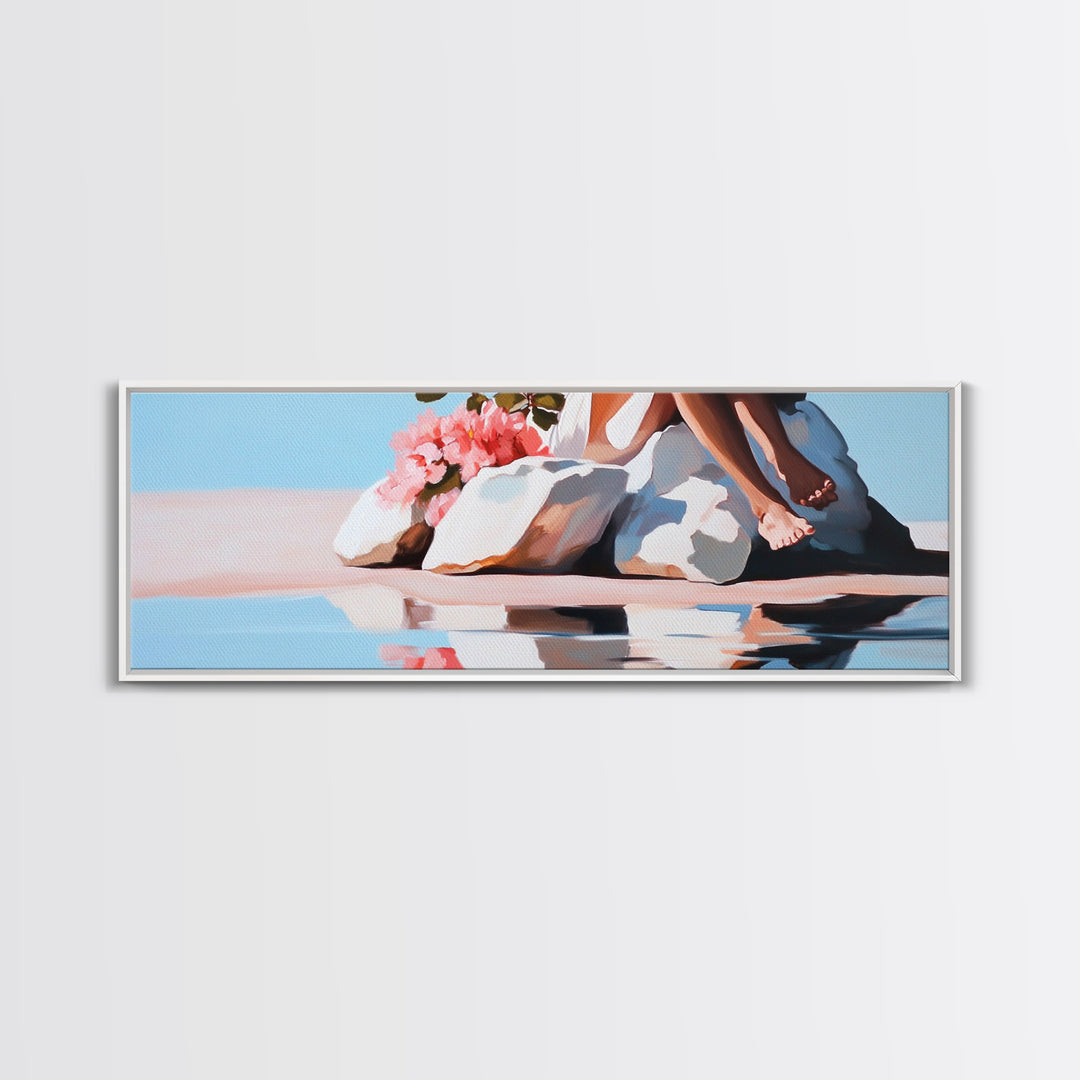 Beach Blossom Scene, Floral Coastal Art, Pastel Summer Vibes, Nature Wall Decor, Soft Aesthetic, Canvas Print, Bedroom Wall Art