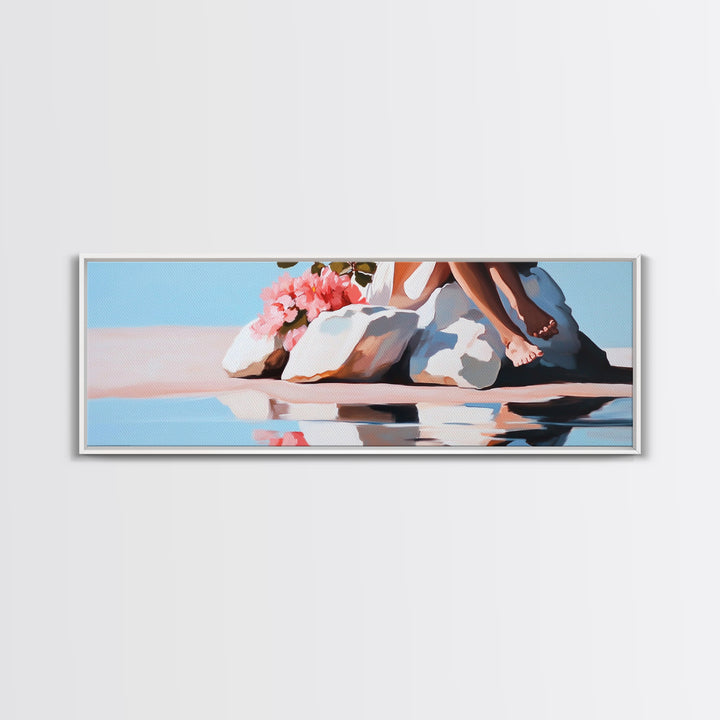 Beach Blossom Scene, Floral Coastal Art, Pastel Summer Vibes, Nature Wall Decor, Soft Aesthetic, Canvas Print, Bedroom Wall Art