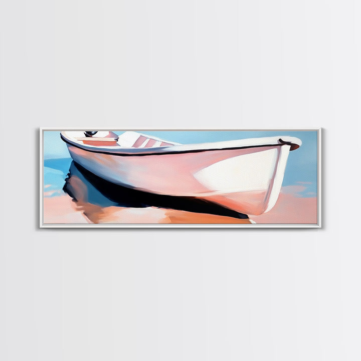 Rowboat on Shore, Nautical Scene, Pastel Coastal Art, Minimalist Ocean Print, Beach House Decor, Serene Wall Art, Canvas Print