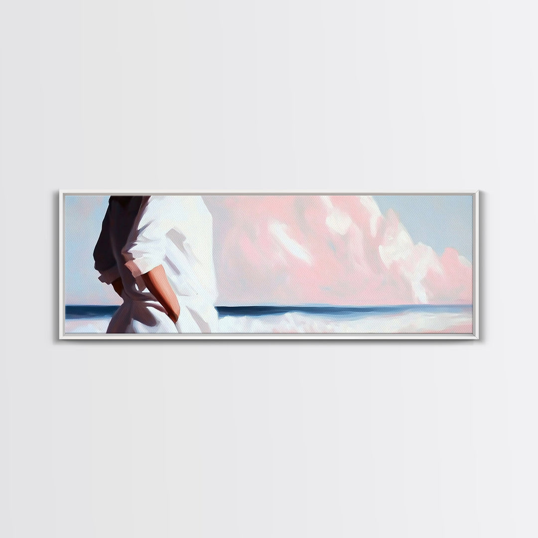 Beach Walk, Ocean Breeze, Pastel Sky, Dreamy Coastal Art, Soft Feminine Aesthetic, Framed Canvas Print, Bedroom Wall Art, Minimalist Decor