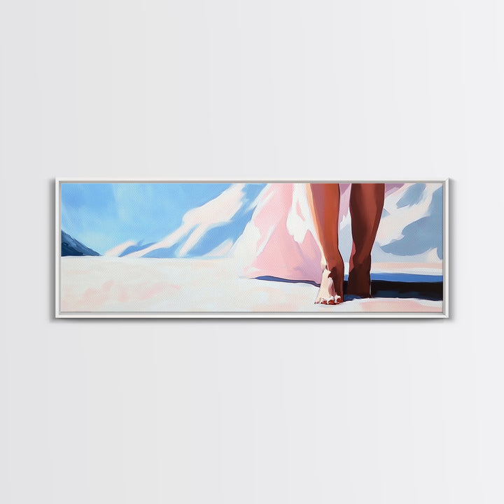 Barefoot Walk, Snowy Path, Winter Serenity, Canvas Print, Soft Pastel Art, Minimalist Aesthetic, Cozy Wall Art, Feminine Decor