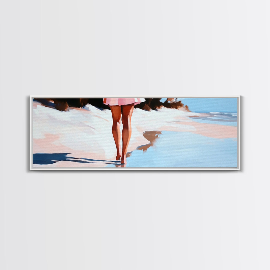 Romantic Reflection, Sand and Sea, Dreamy Pastels, Framed Canvas Print, Coastal Art, Beach House Decor, Serene Aesthetic Painting