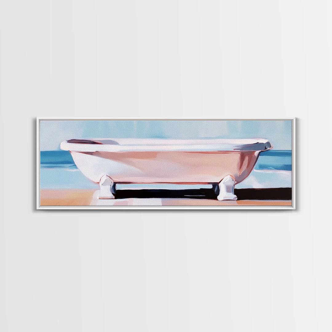 Clawfoot Tub, Coastal Art, Bathroom Wall Art, Modern Decor, Minimalist Painting, Ocean Art, Beach House, Framed Canvas Print