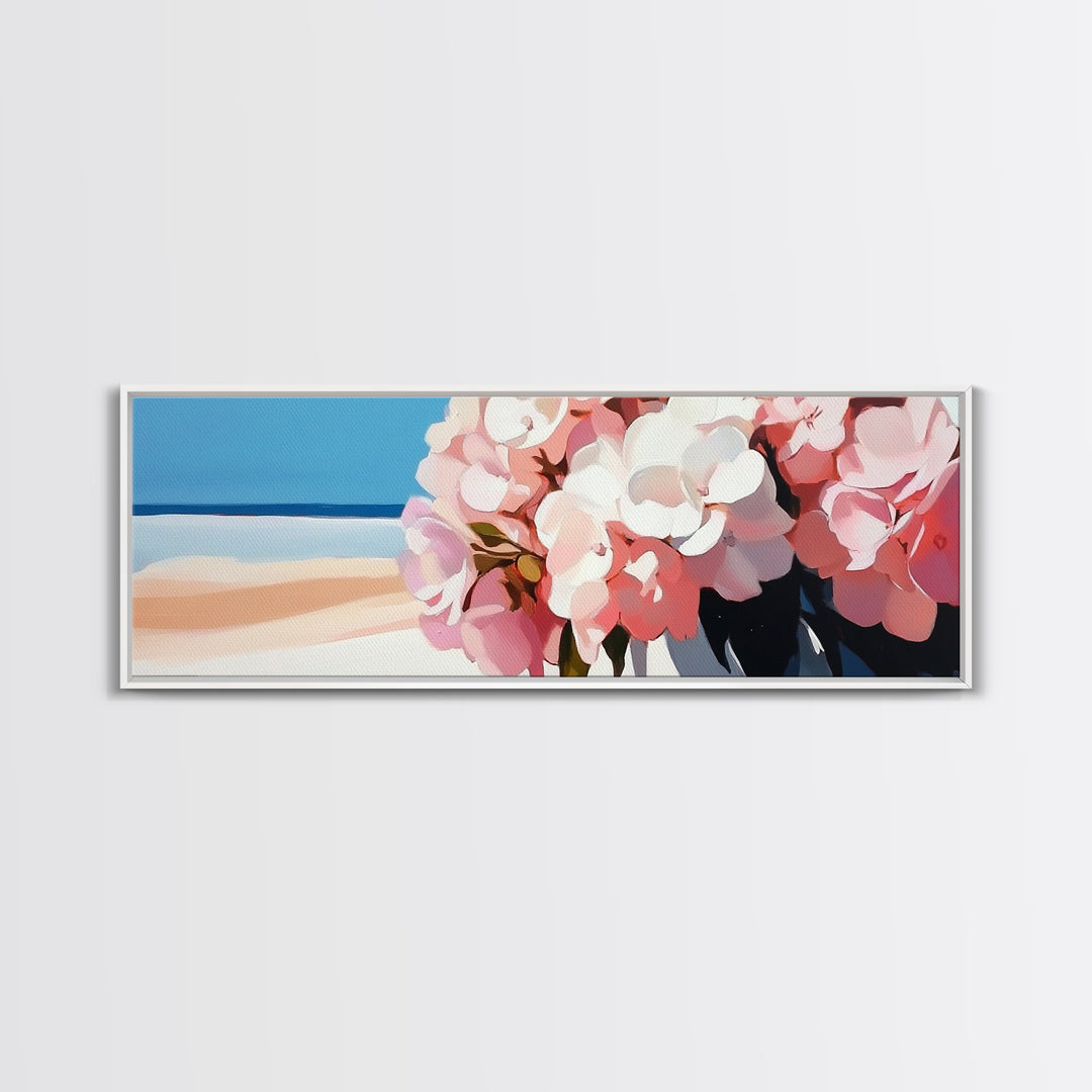 Hydrangea Blooms, Coastal Flowers, Nature Wall Art, Living Room Decor, Summer Aesthetic, Impressionist Style, Framed Canvas Print