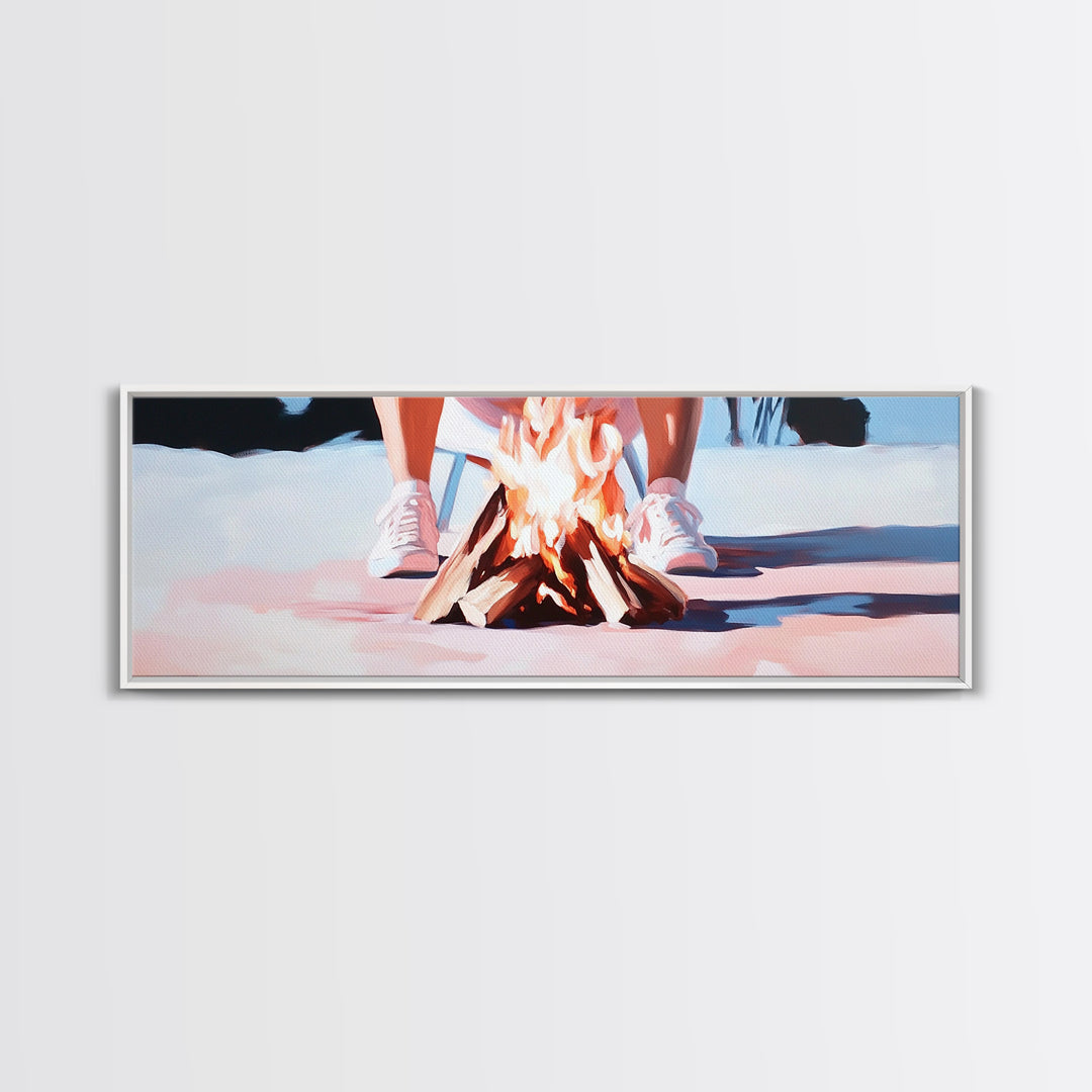 Campfire Scene, Autumn Night Art, Outdoor Adventure, Canvas Print, Rustic Home Decor, Cozy Warmth, Minimalist Fire Painting