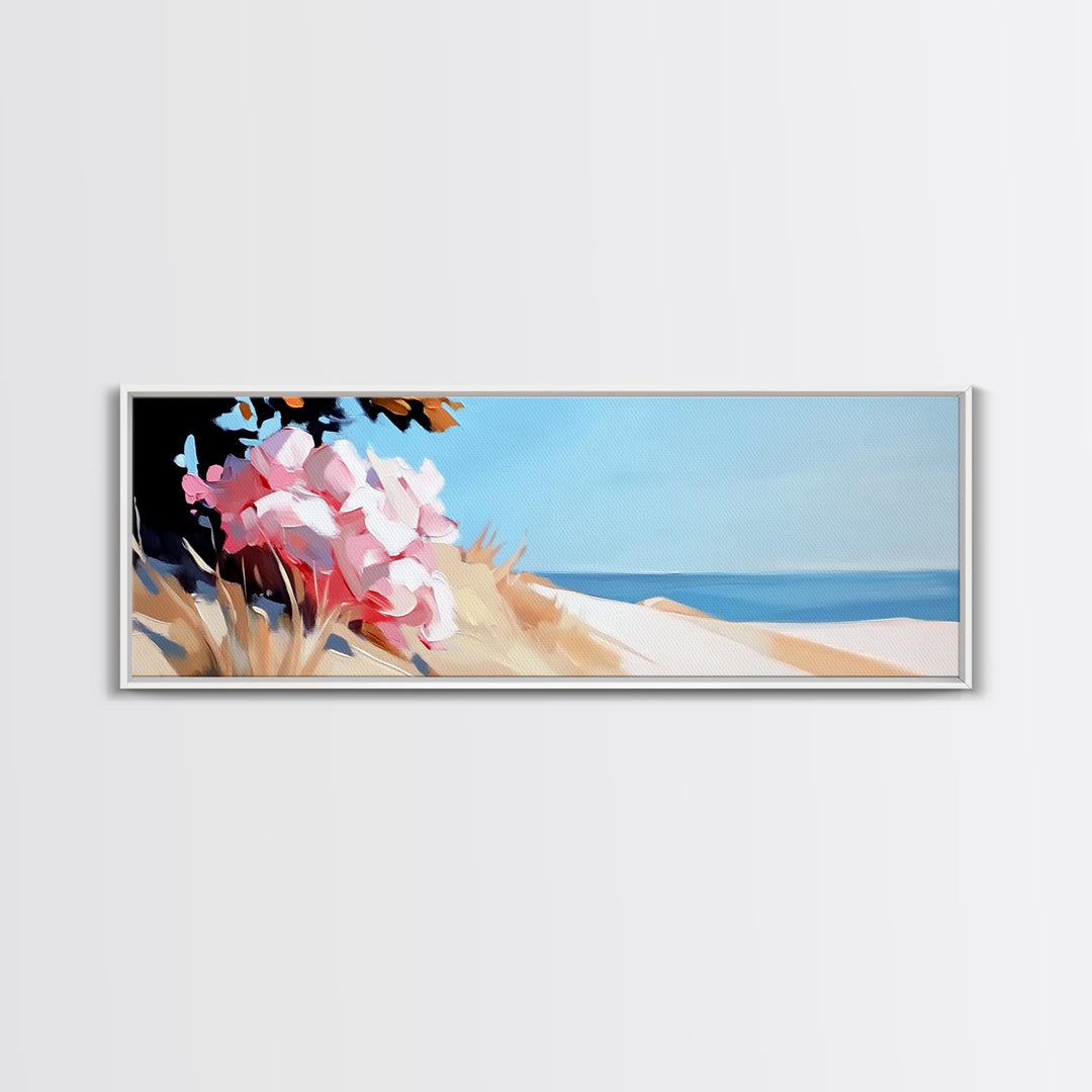 Beach Flowers, Coastal Blossoms, Summer Landscape, Framed Canvas Print, Boho Wall Art, Seaside Painting, Nature Home Decor