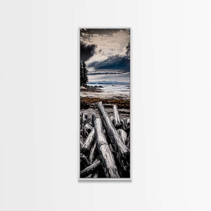 Coastal Beach, Driftwood Shore, Stormy Sky, Framed Canvas Print, Ocean Wall Art, Seaside Decor, Nautical Painting, Living Room Wall Art