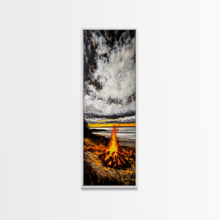 Beach Bonfire, Cozy Fire, Seaside Sunset, Framed Canvas Print, Coastal Home Decor, Relaxing Landscape, Rustic Living Room Wall Art