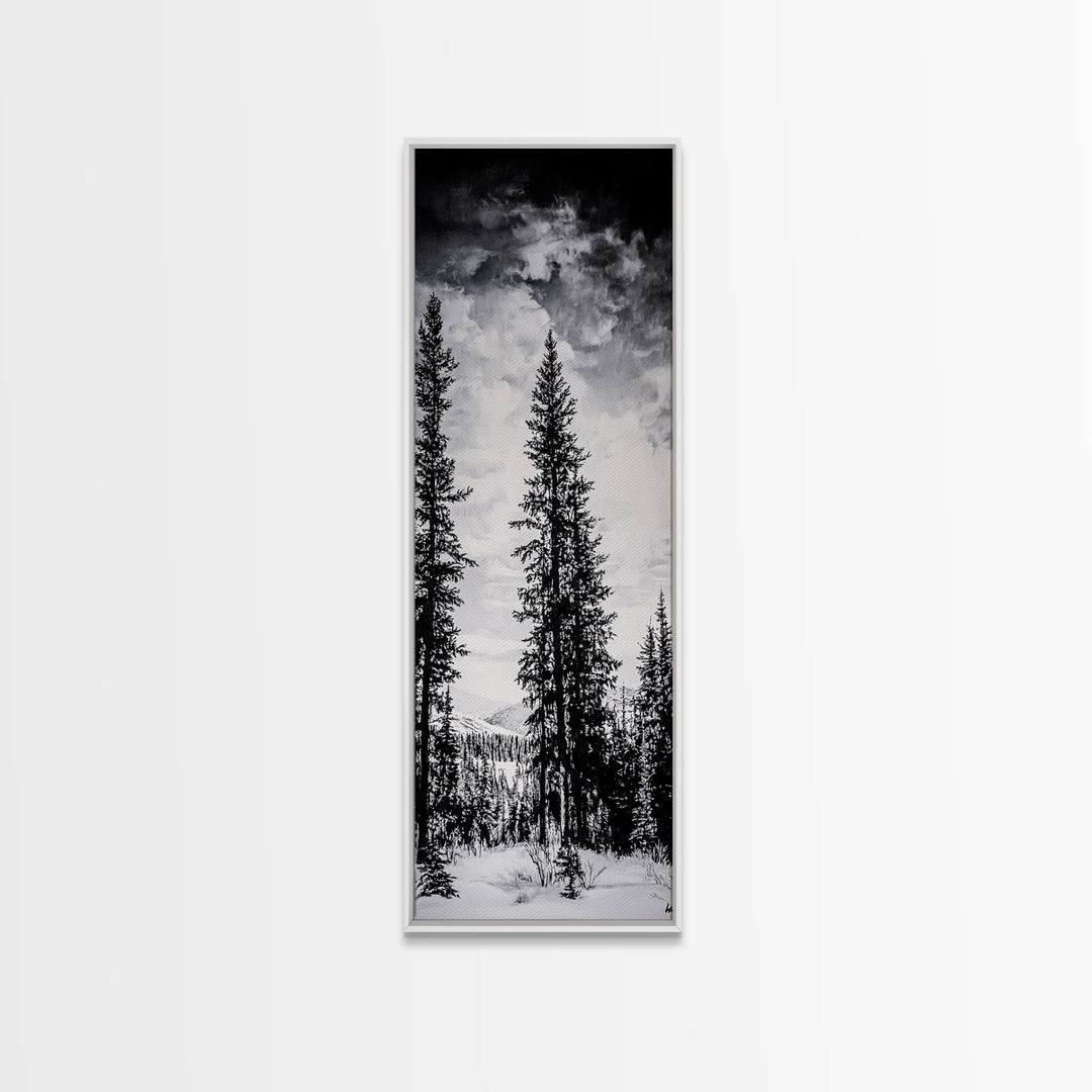 Black White Pine, Winter Forest, Nature Wall Art, Christmas Decor, Modern Minimalist, Monochrome Print, Framed Canvas Print