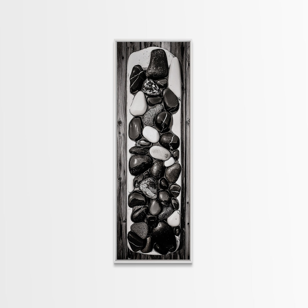 Black and White Stones, Minimalist Rock Art, Rustic Home Decor, Natural Texture Print, Modern Zen Wall Art, Framed Canvas Print