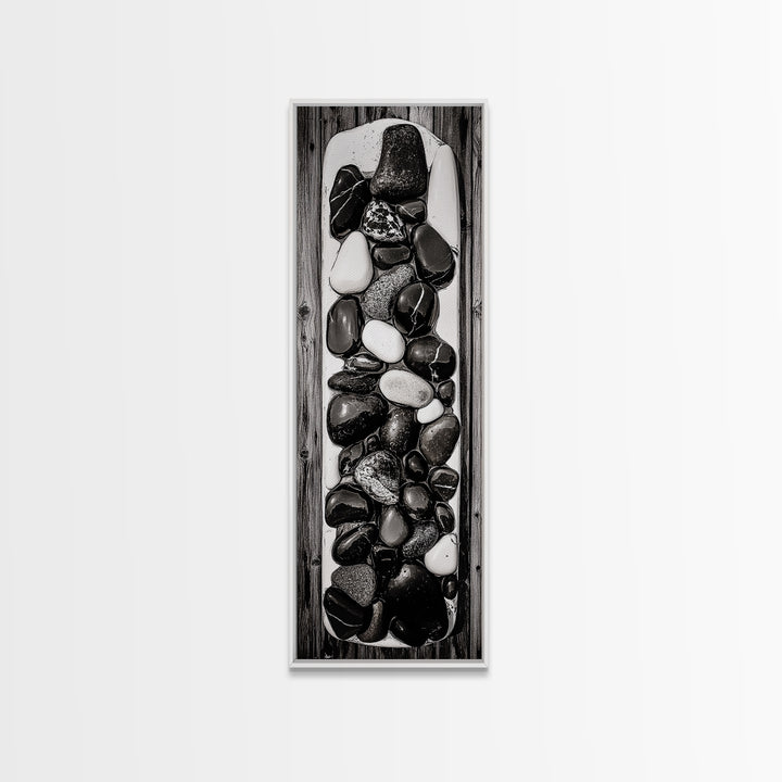 Black and White Stones, Minimalist Rock Art, Rustic Home Decor, Natural Texture Print, Modern Zen Wall Art, Framed Canvas Print