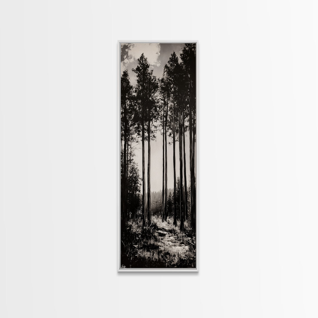 Black White Forest, Minimalist Wall Art, Monochrome Nature Print, Wooded Landscape, Moody Tree Art, Modern Home, Framed Canvas Print