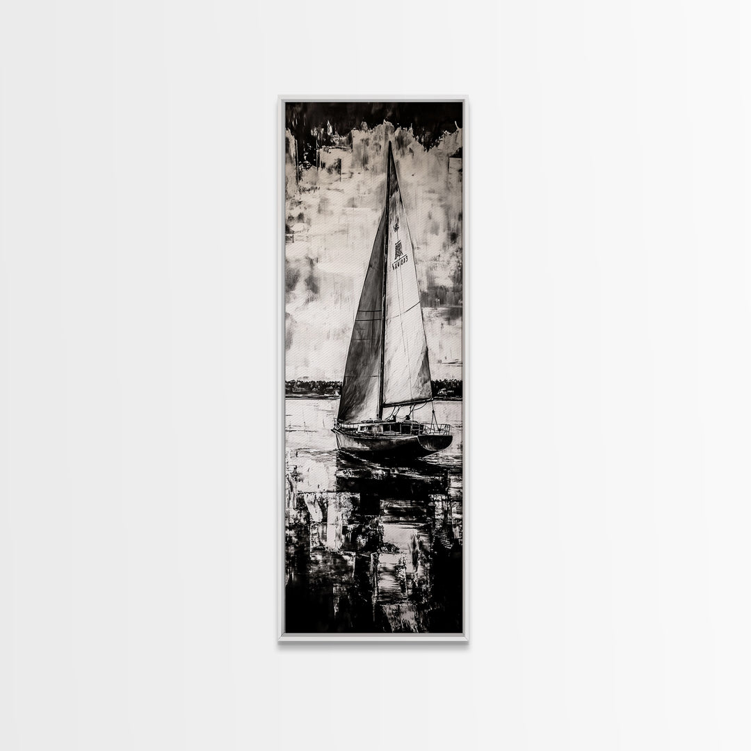 Black and White Sailboat, Nautical Wall Art, Minimalist Seascape Painting, Coastal Home Decor, Office or Bedroom Art, Framed Canvas Print