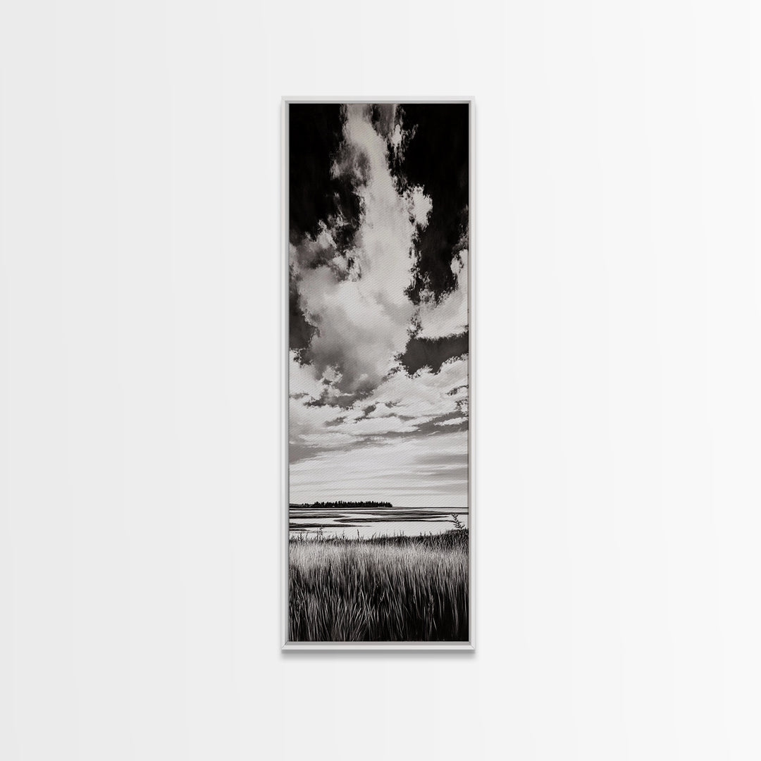 Black and White Sky, Cloudscape Wall Art, Minimalist Artwork, Nature Landscape Painting, Office or Bedroom Decor, Framed Canvas Print