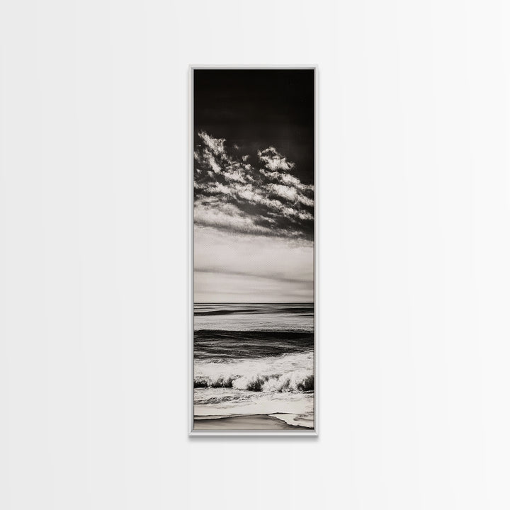 Ocean Horizon, Black and White, Cloudy Sky, Canvas Print, Coastal Wall Art, Minimalist Seascape, Modern Living Room Decor, Nautical Art